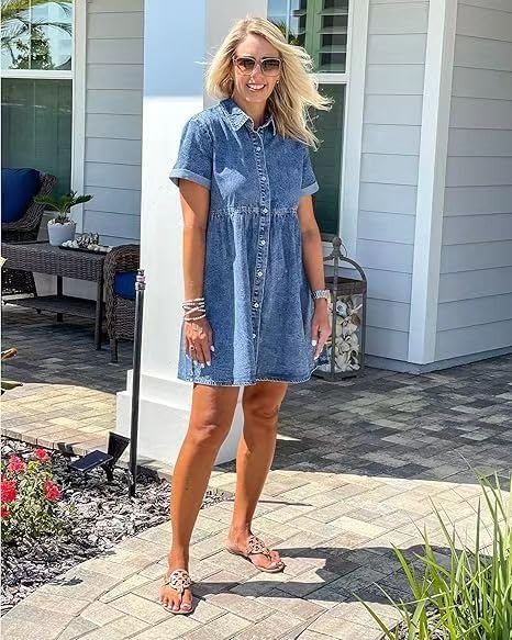 Womens Denim Dress Casual Short Sleeve Button Down Loose Jean Shirt Dresse for Most Casual Daily Wear, Home or Office, Beach Holiday Wear in Spring, Summer and Falll (Size M) Blue - Image 6