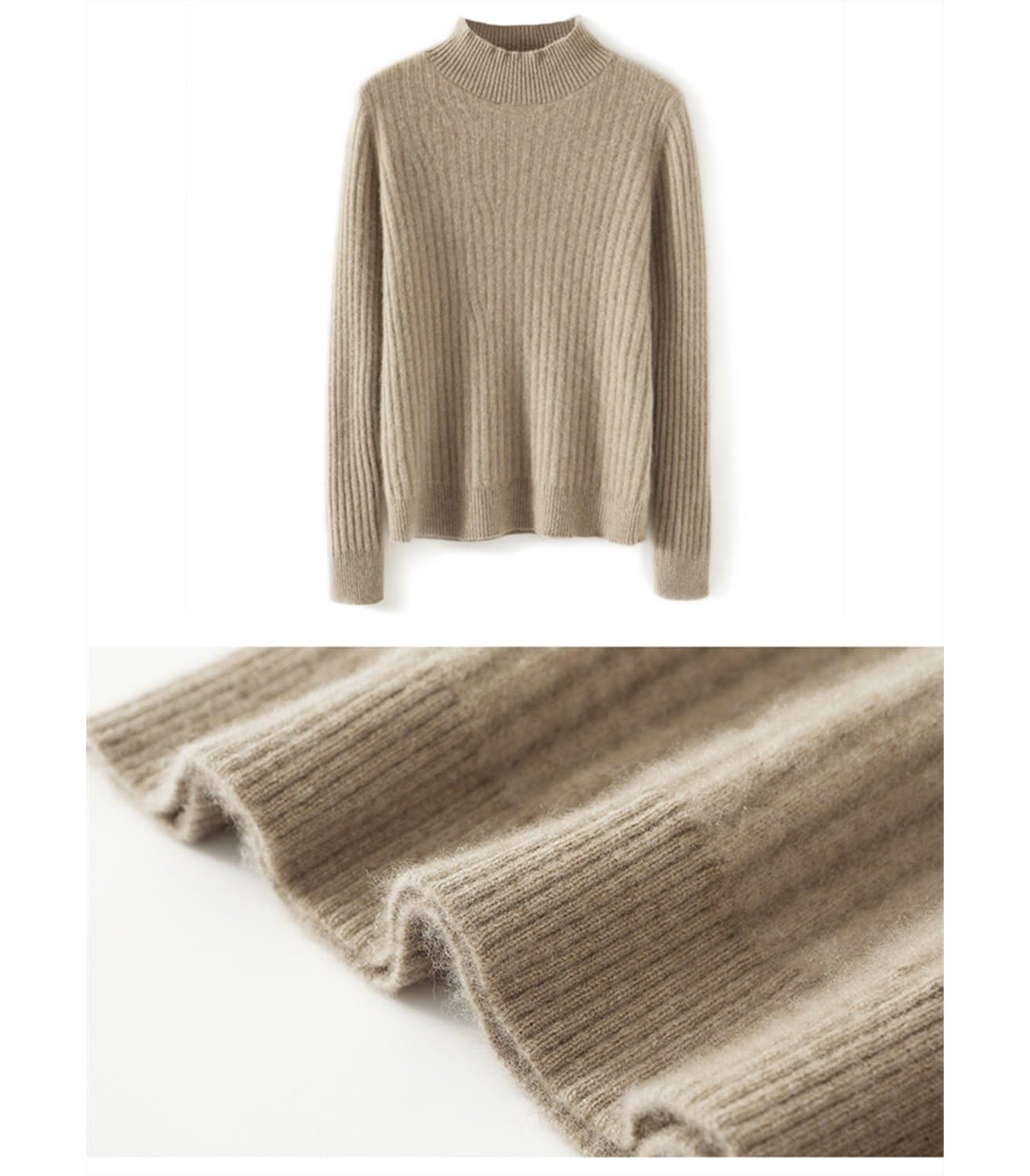 Suéter 100 % de lana merino para mujer, cuello alto falso, manga larga, suéter de punto cálido y suave