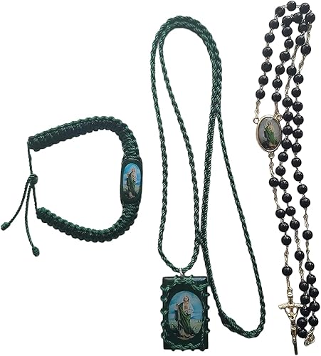 Escapulario Verde, Rosario Negro de Cristal y Pulcera de Hilo de San Judas Tadeo