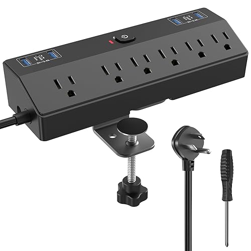 Desk Clamp Power Strip 2 USB C Desktop Mount Outlet Charging Station, 10FT Extension Cord Flat Plug with 6 AC, Removable 40W Fast Charging Surge Protector Power Strip Fits 1.8" Office Tabletop Edge - Black(40W)