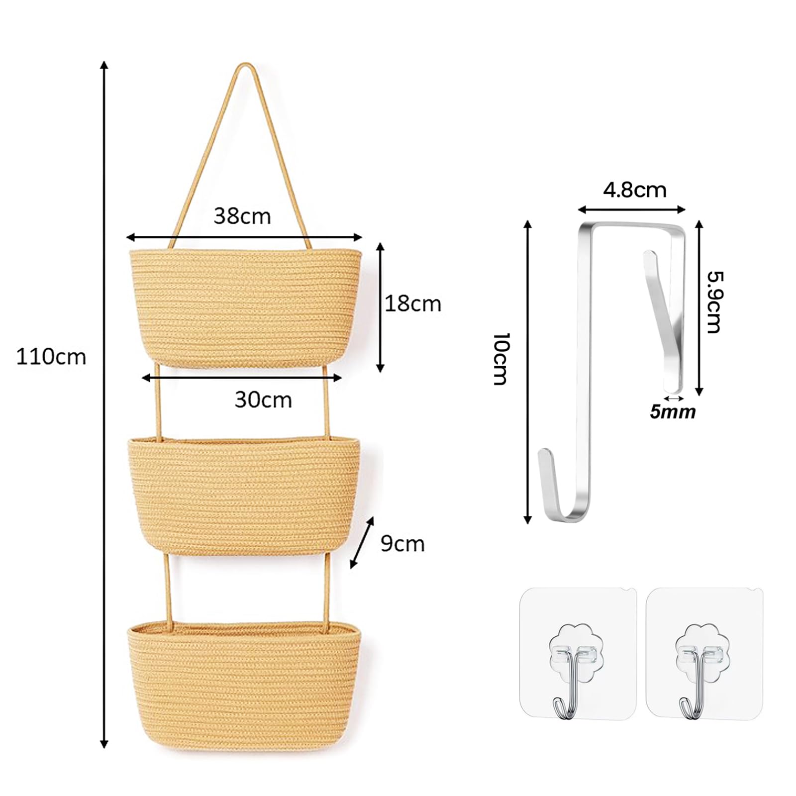 Tasche Portaoggetti Da Parete, 3 Livelli Organizer Per Appendere, Portaoggetti Da Parete Con Tasche In Corda Di Cotone Intrecciata, Per Soggiorno, Bagno, Camera Da Letto (Curcuma)