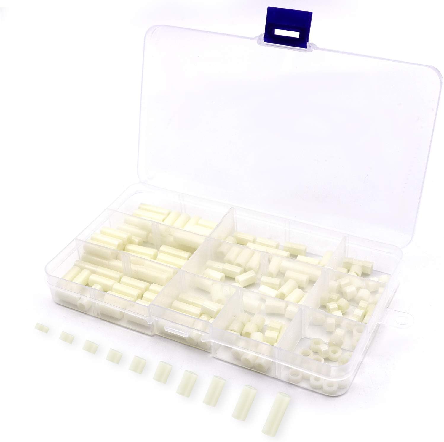 Loscrew 150Pcs Nylon Plastic Round Spacer Assortment Kit, Nylon Insulation Spacer Column Standoff Support Spacer for M3 and M4 Screws Come with Plastic Box