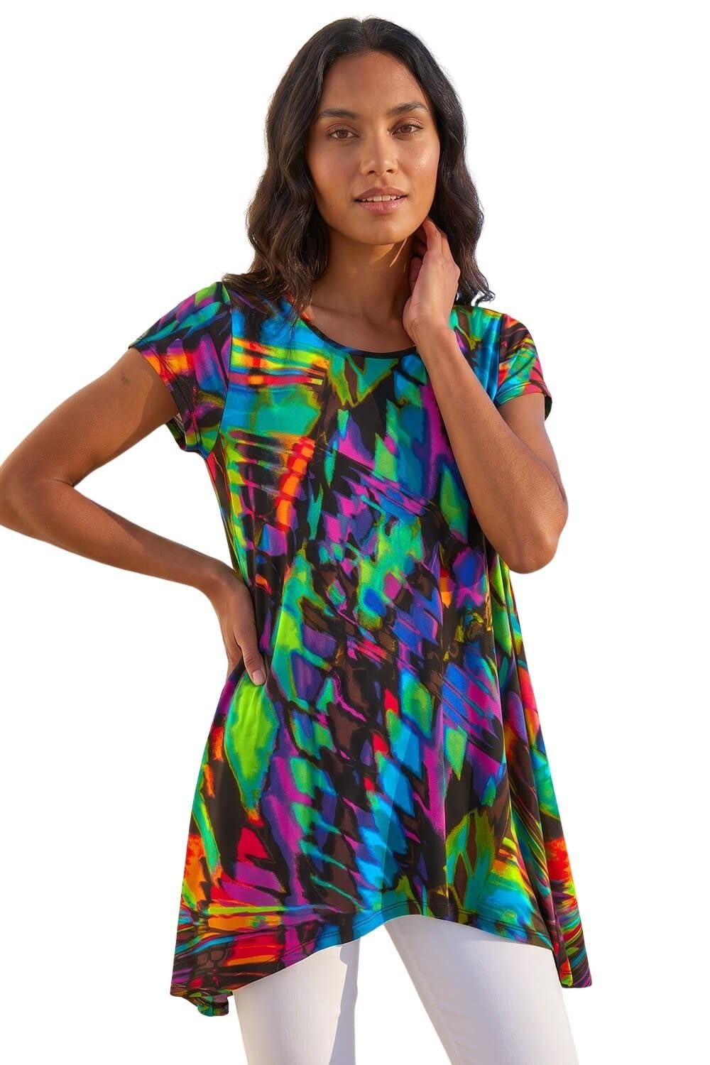 Roman - Tunic - Abstract Print - Hanky Hem - Short Sleeve