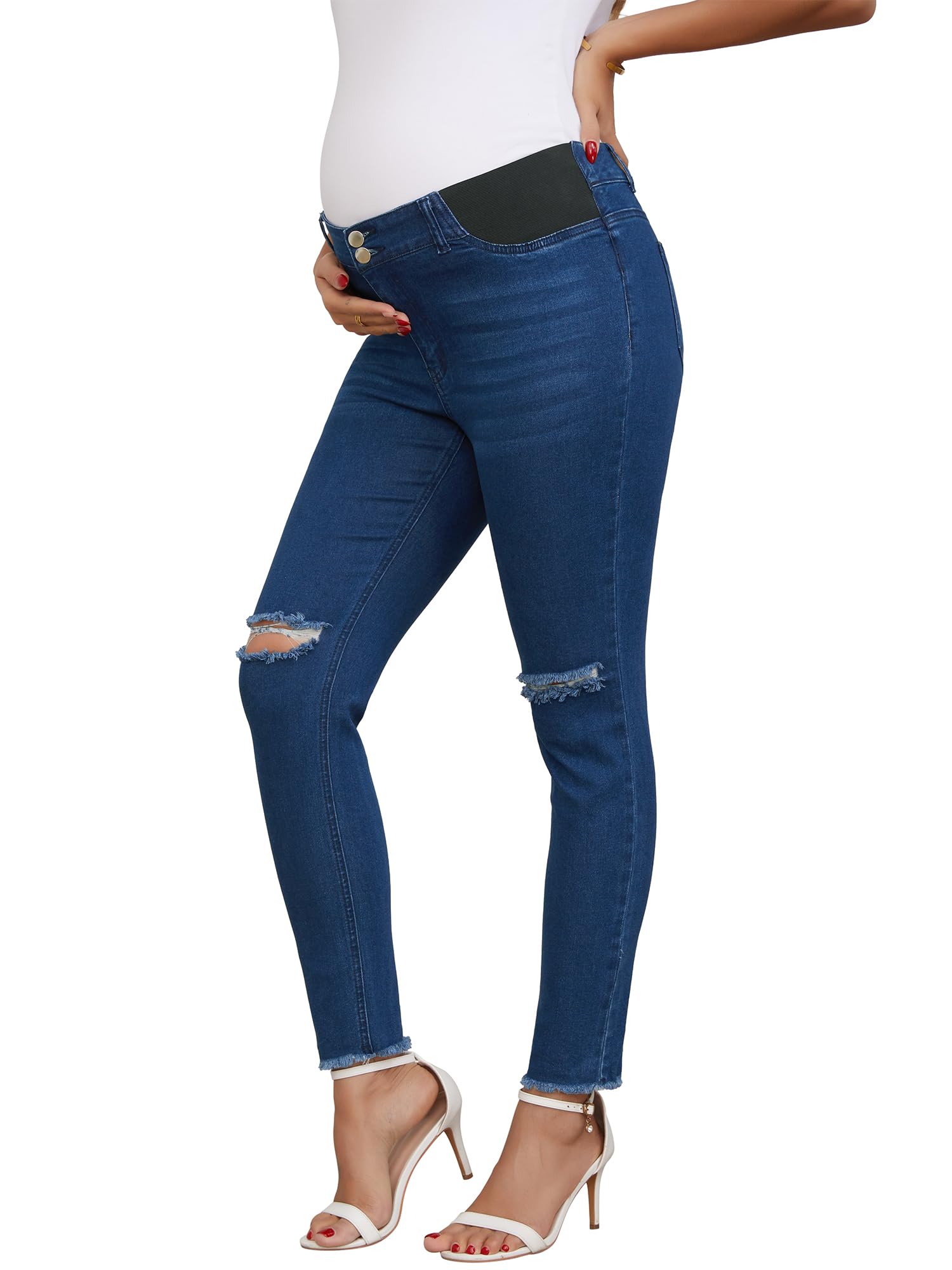 Maternity Panel Jeans Ripped Pregnancy Work Jeans Stretchy Denim Pants with Pockets Low Waist Side Pane 2026