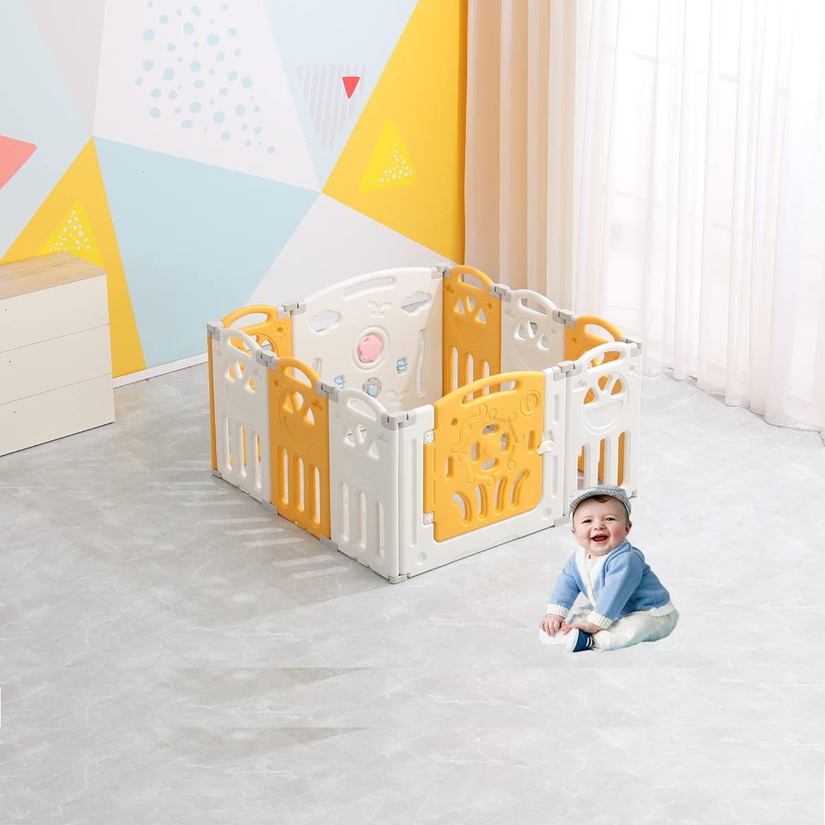 HOCC Royal Fortune 10 panel Foldable Baby Playpen With Adjustable Shape Portable Design for Children Toddler Indoor Outdoor Use (10 Panels, Yellow+White) (10)