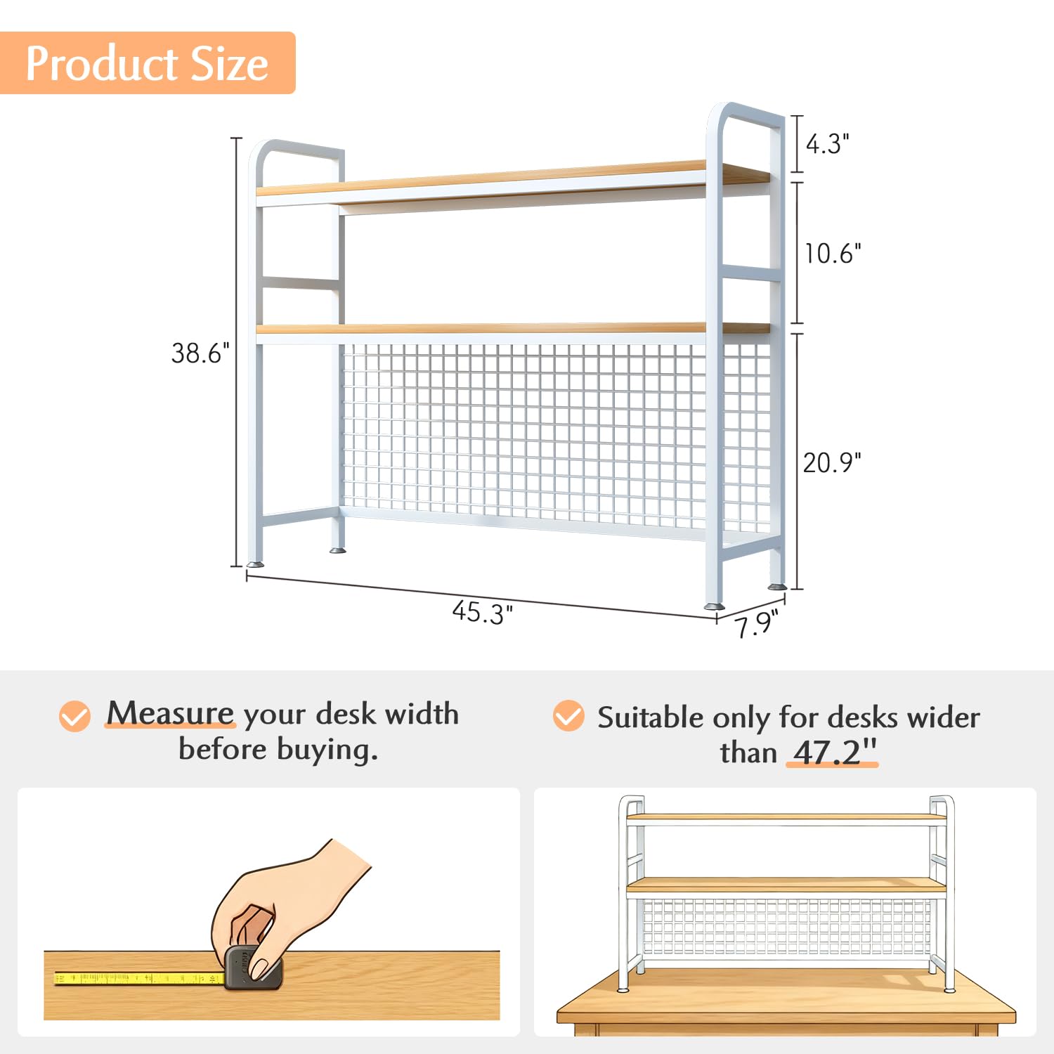 IOTXY 2-Tier Desktop Hutch Bookshelf - Metal Desk Shelf Bookcase with Grid Panel, Countertop Storage Organizer Rack for Dorm or Office, White, 45.3" W: 45.3"W White