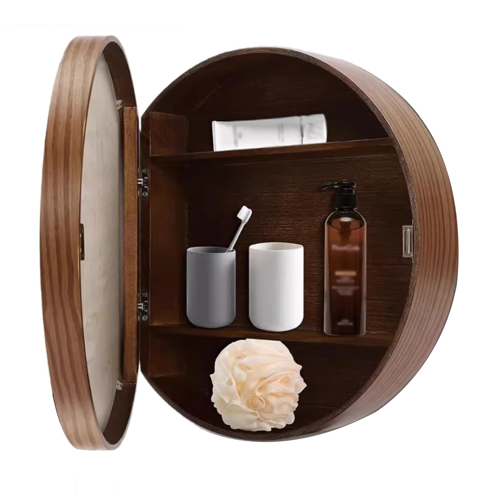 SXFSDOU Modern Round Mirror Cabinet with Wall Mounted Vanity for Bathroom Storage (Walnut 50cm/19.7in)