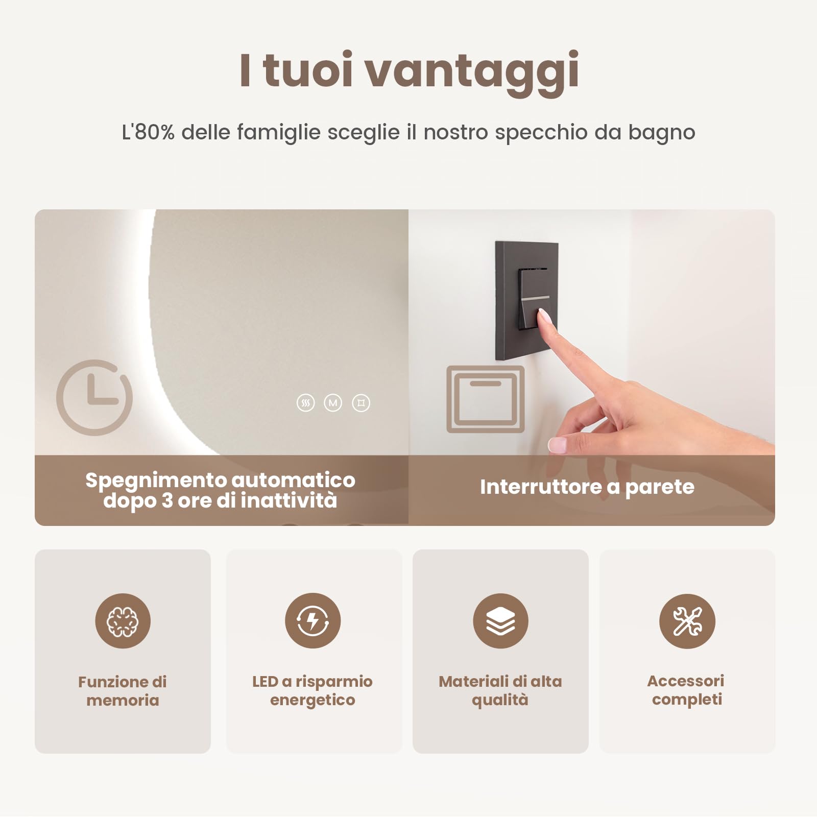 EMKE Specchio con illuminazione asimmetrica, specchio da bagno, anti-appannamento, interruttore touch, 3 colori di luce dimmerabili, specchio da bagno con illuminazione, 65 x 45 cm