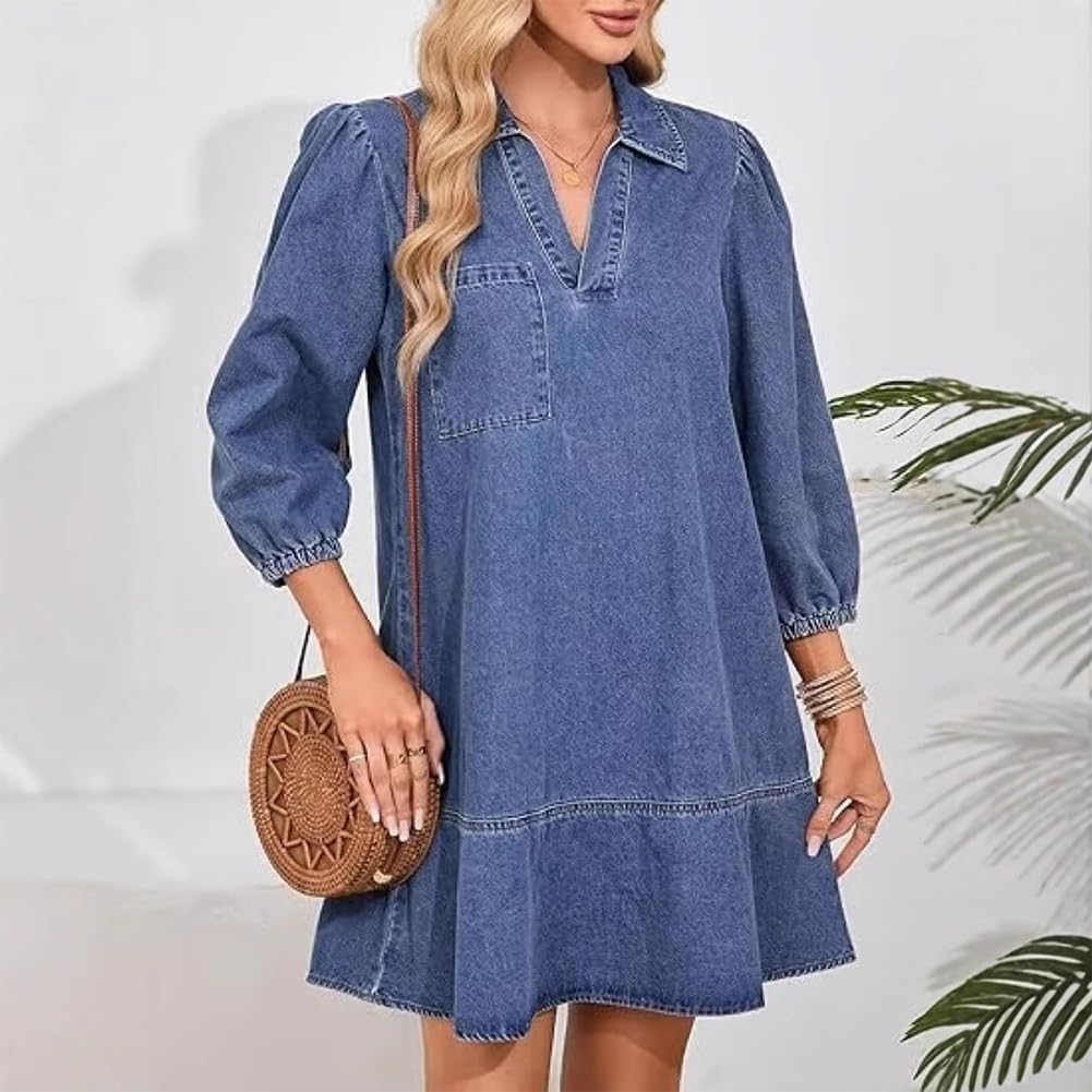 Vestido Vaquero con Capas, Cuello en V y Mangas abullonadas para Mujer, Vestidos Vaqueros con Volantes y Mangas 3/4, Vestido Vaquero Camisero Holgado de Verano con Bolsillos. (Dark Blue,XL)