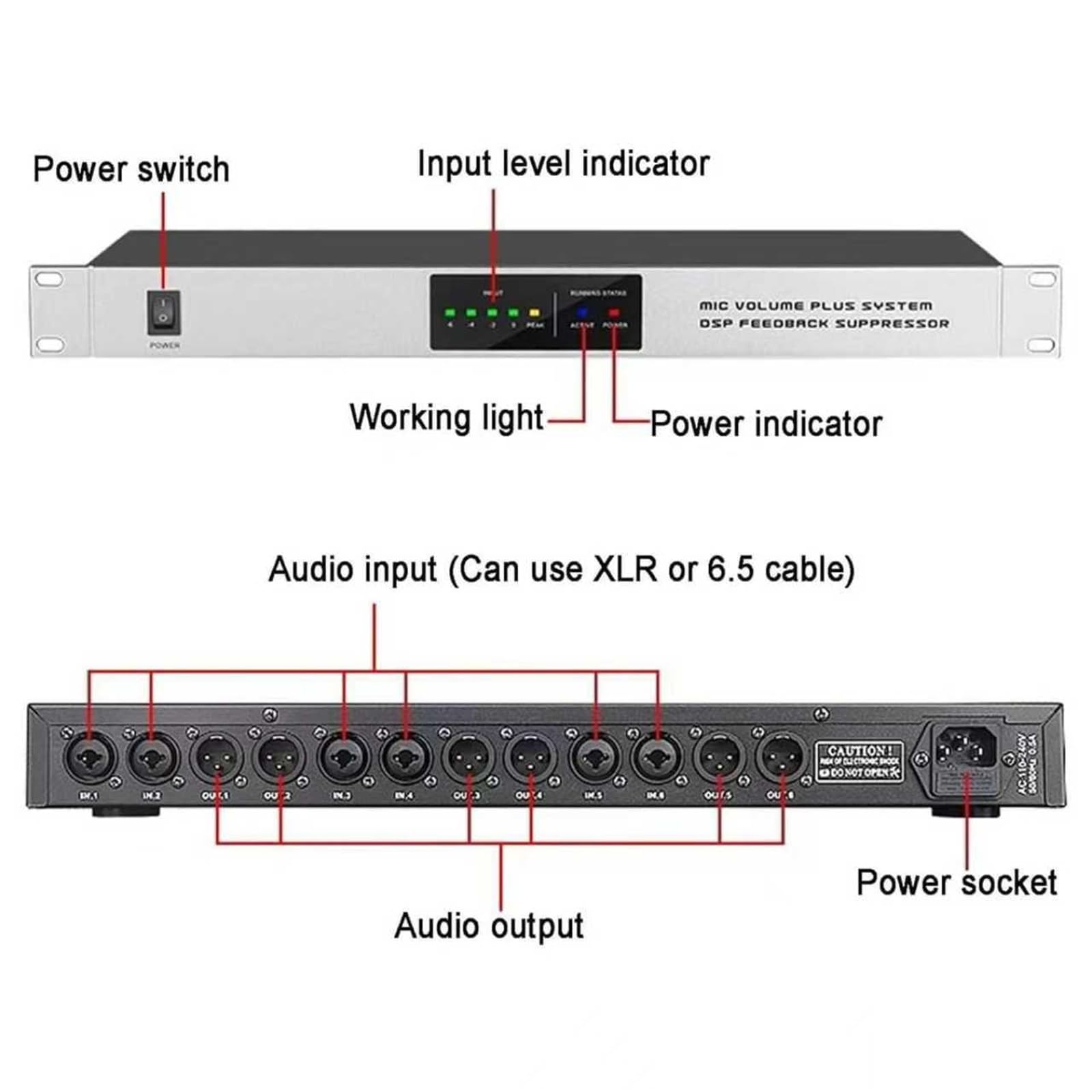 Effettore Pre-stadio Digitale Professionale KTV, Processore Audio Anti-ululato, Miglioramento Del Guadagno Di Trasmissione Del Suono: 5-14 DB, Intensità Di Inibizione A 9 Livelli(6 in 6 out)