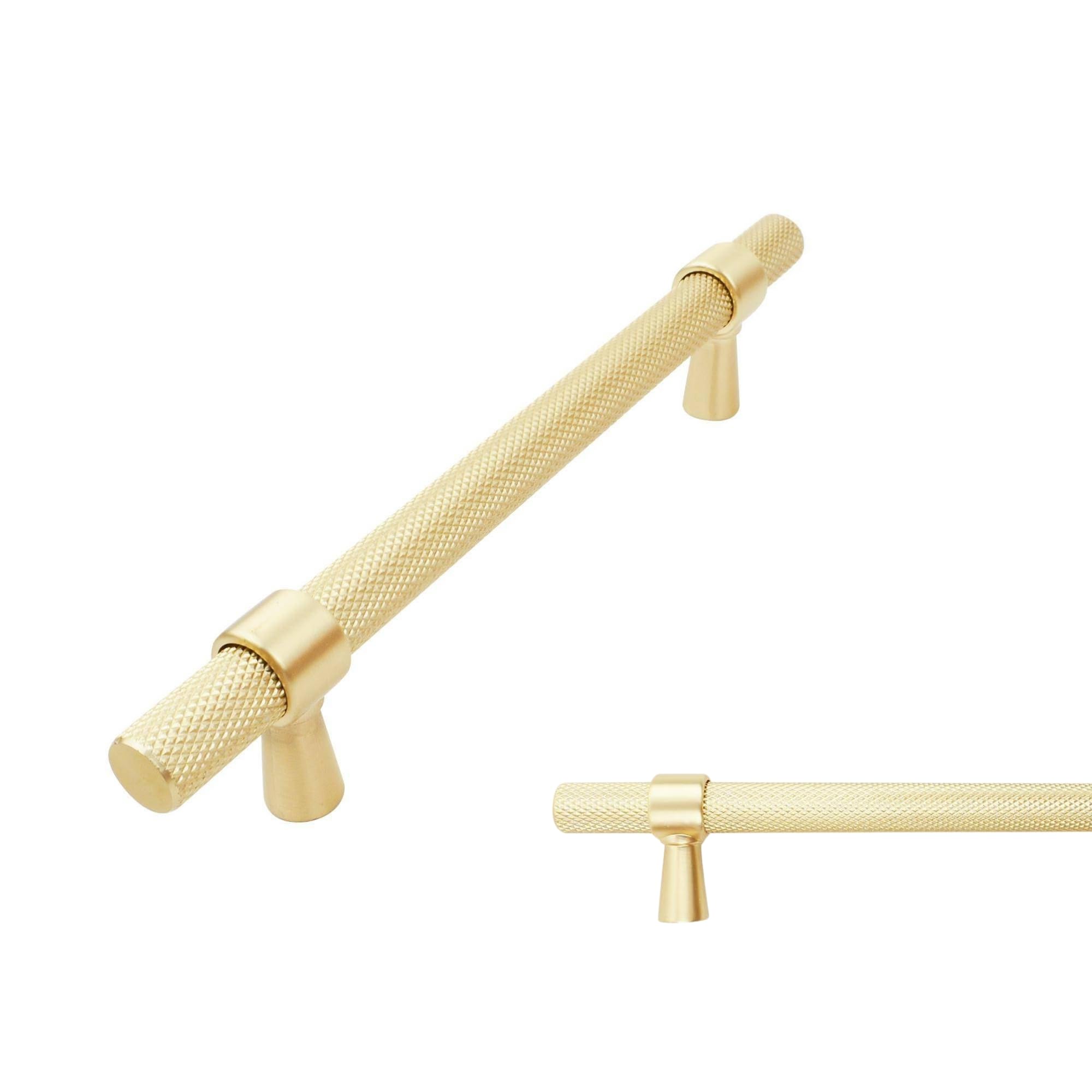 Keypak Brushed Brass 10 Pack Knurled Kitchen Cupboard Handles, 128Mm Hole Centres, Aluminium T-Bar Pulls For Cabinet, Wardrobe Doors, Chest Of Drawers