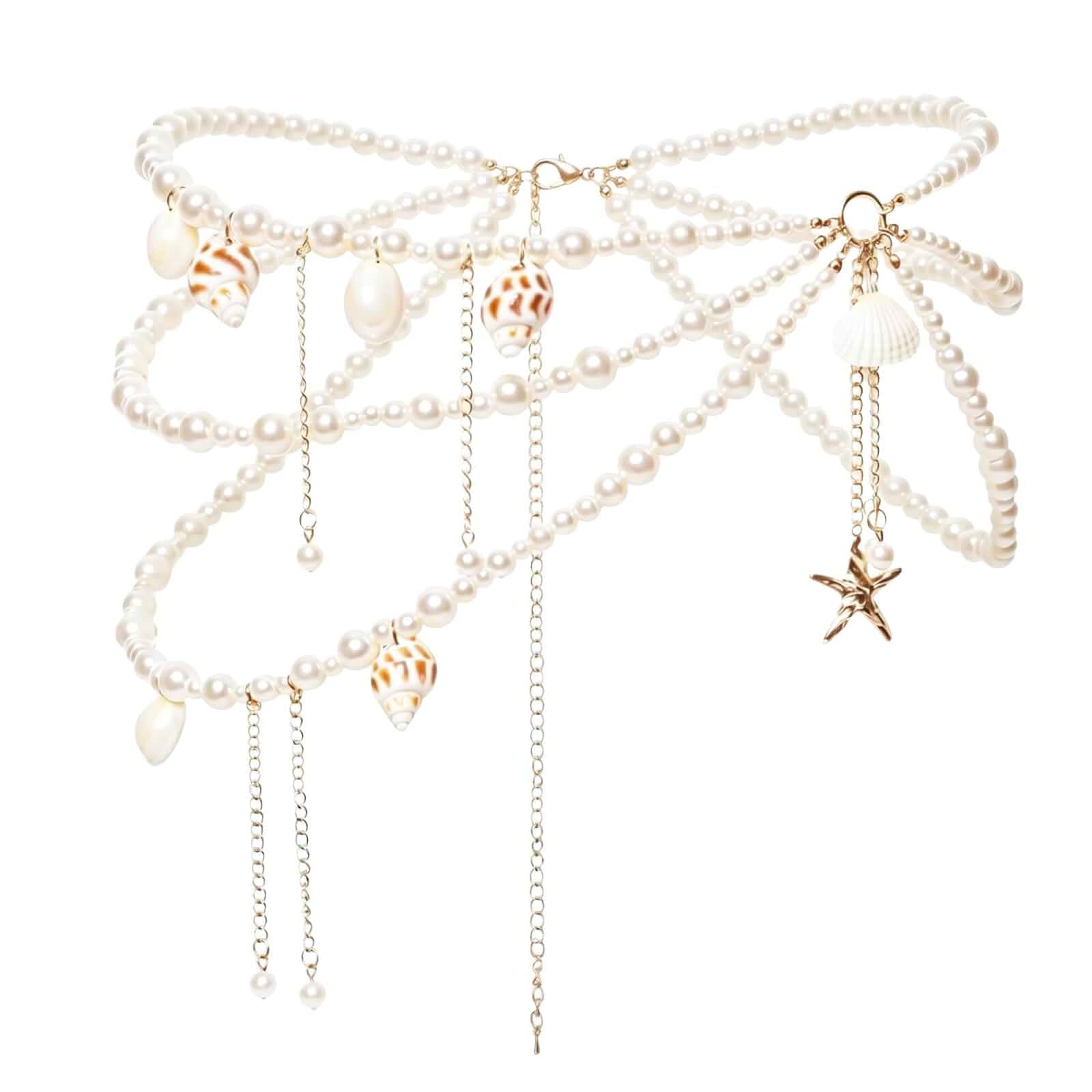 Seashell Pearl Waist Chain Layered Beaded Belly Chain for Women Shell Starfish, Gold Plated, Adjustable Extension Chain, Beach Body Jewelry, Boho Coastal, Festival, Rave, Bikini, Dress