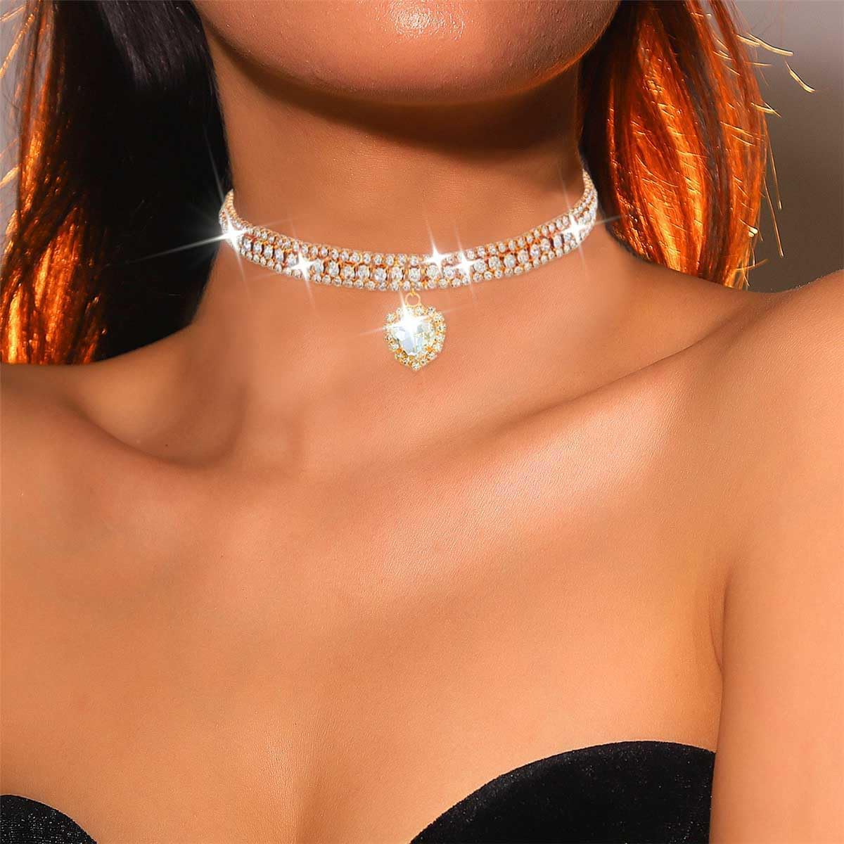 CLOACE Rhinestone Choker Necklace Heart Pendant Diamond Row Necklaces Sparkly Crystal Prom Chain Jewerly Accessories for Women - Image 7