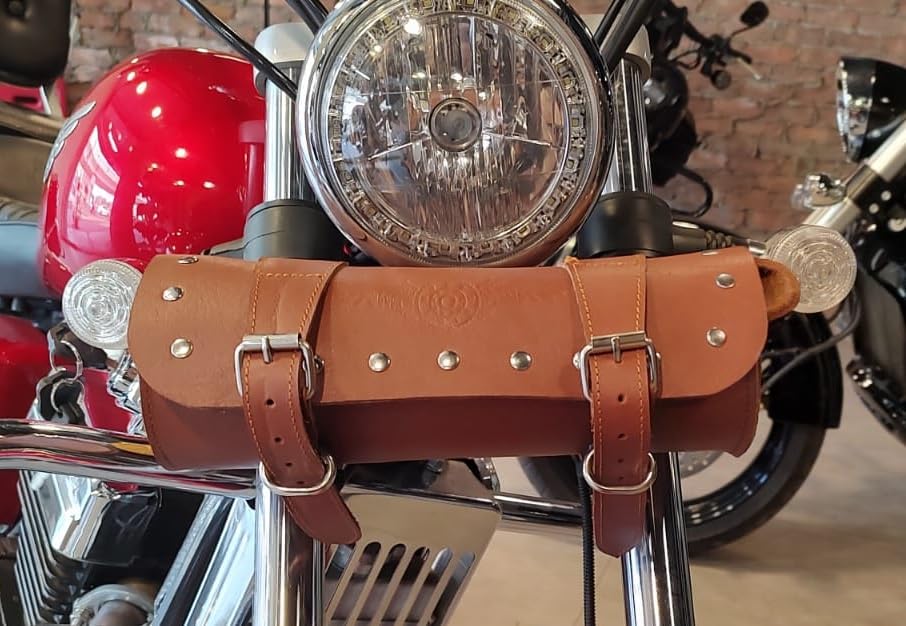 Bolsa frontal para horquilla y guardabarros para motocicletas y bicicletas en cuero de búfalo marrón con correas de cuero real miniatura 1