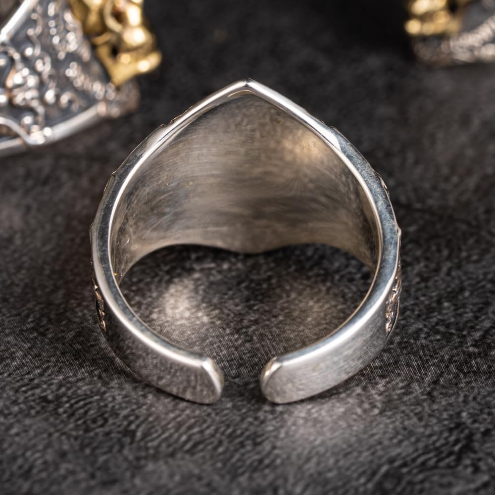 Anillo de calavera dorada de plata de ley 925 anillo meñique con flor de lis para hombre talla S/M/L ajustable