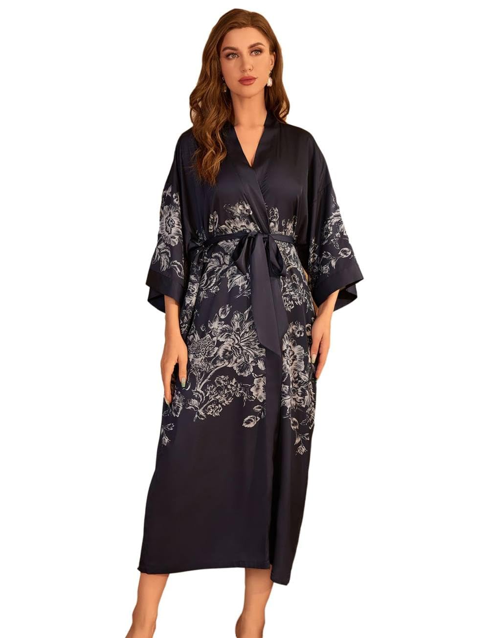 Bata con Estampado de Flores para Mujer Kimono de Satén Sedoso Camisón Largo de Talla Grande Batas Sueltas Y Cómodas Camisón Sexy para Estar en Casa