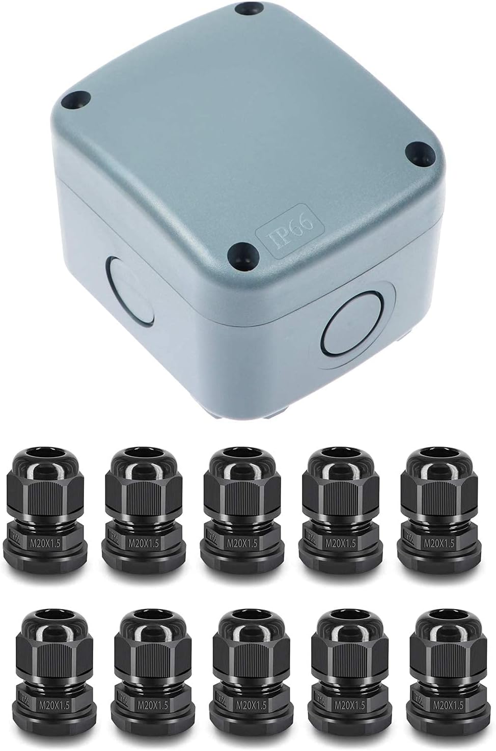 Nineleaf 1PK Junction Box 3 1/4" x 2 3/4" x 2 1/4" (86x74x62mm) and 10 Piece M20x1.5 Black Compression Cable Glands IP66 Waterproof for Outdoor Use