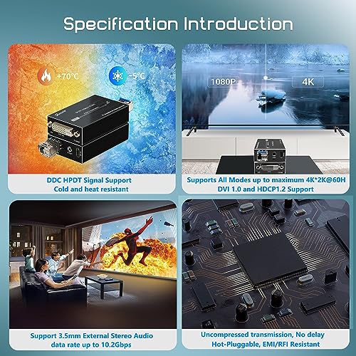Image of Mini 4K@60Hz HD DVI Fiber Video Extender DVI to Fiber Converter Optical Transceiver Up to 20km Data Rate up to 10.2Gbps Over Single-Mode with 3.5mm External Stereo Audio