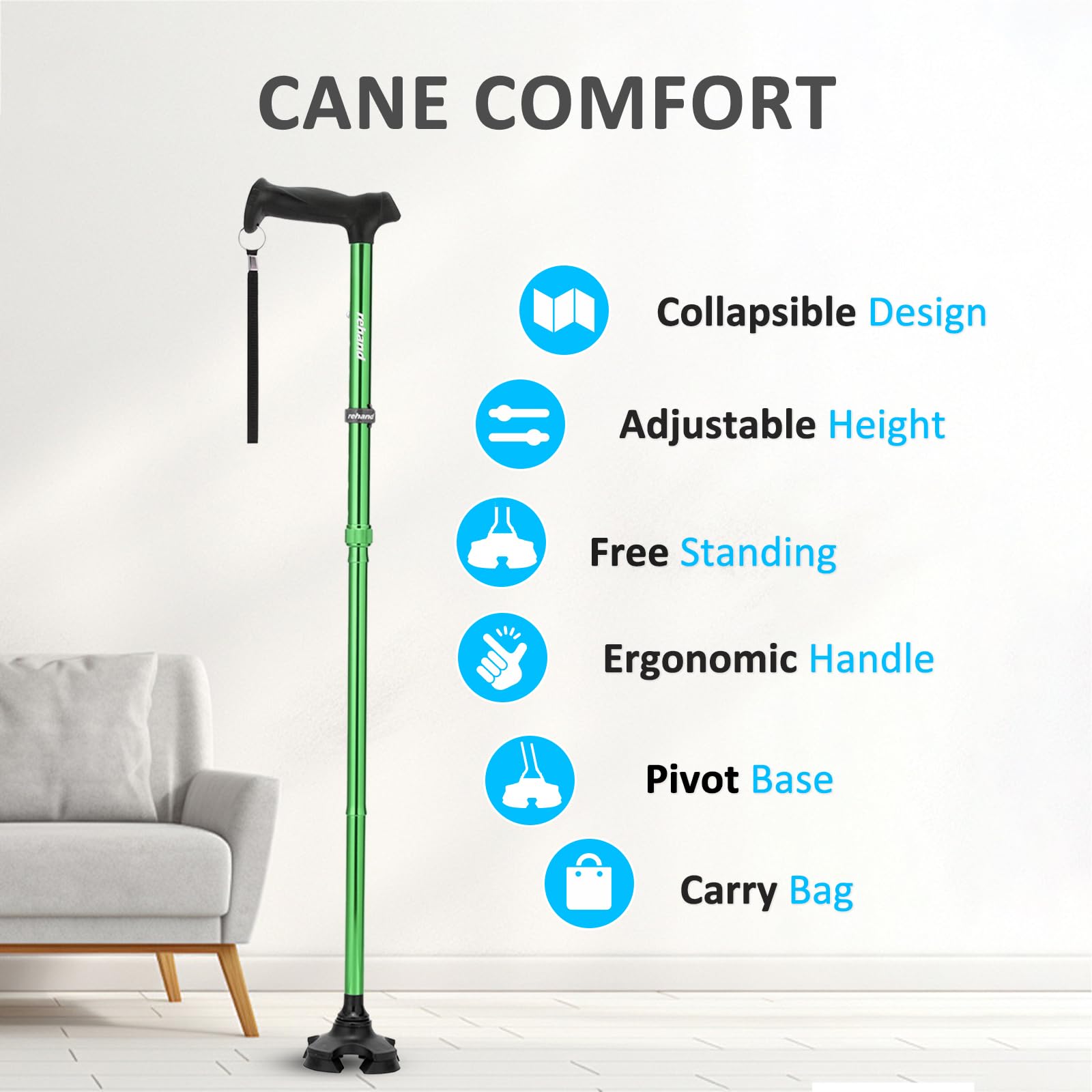 Rehand Bastone da passeggio per uomini e donne, pieghevole, regolabile, leggero, autoportante, con impugnatura morbida, con borsa da viaggio, bastone da passeggio per anziani e adulti