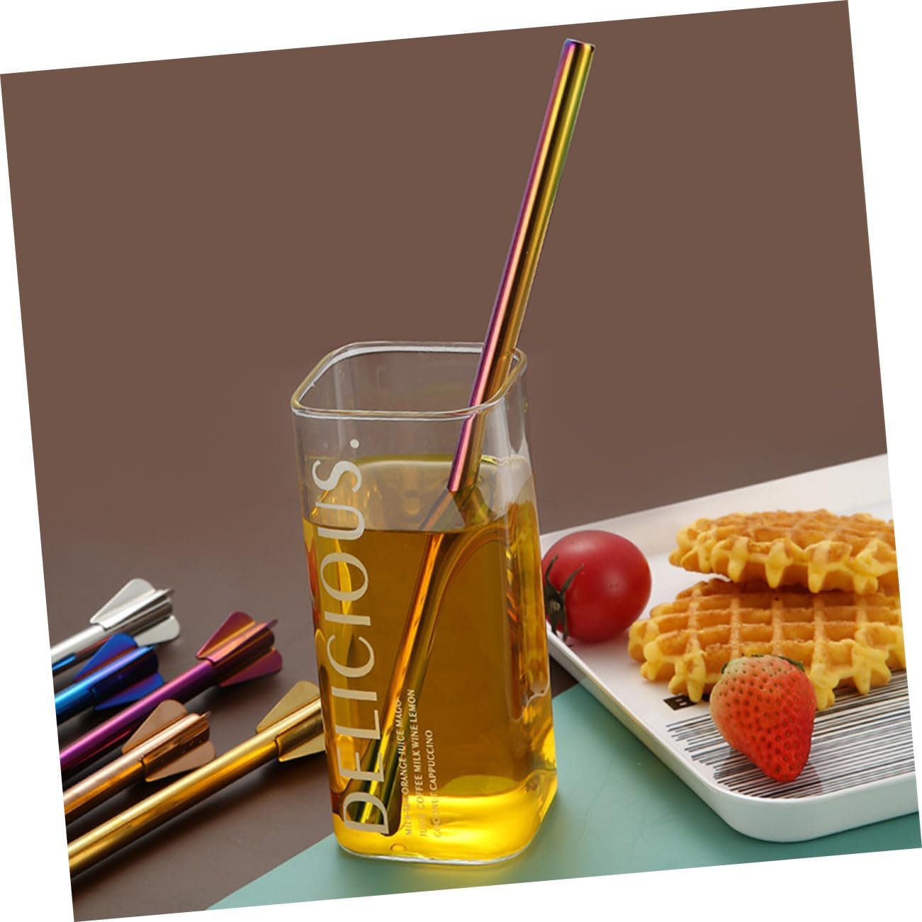 Beavorty 7pcs Colorful Reusable Stainless Steel Straws Creative Cocktail Stirrer for Drinks Smoothies and Ice Eco-friendly and Washable Silver Gold Rose Gold Colorful Black Purple Blue