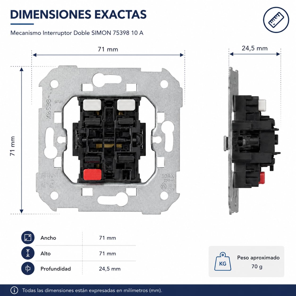 CABLEPELADO Grupo de 2 interruptores | Mecanismo Doble Interruptor | 10 AX 250V | con sistema de emborronamiento rápido | Apto para series Simon 75, 82 y 88