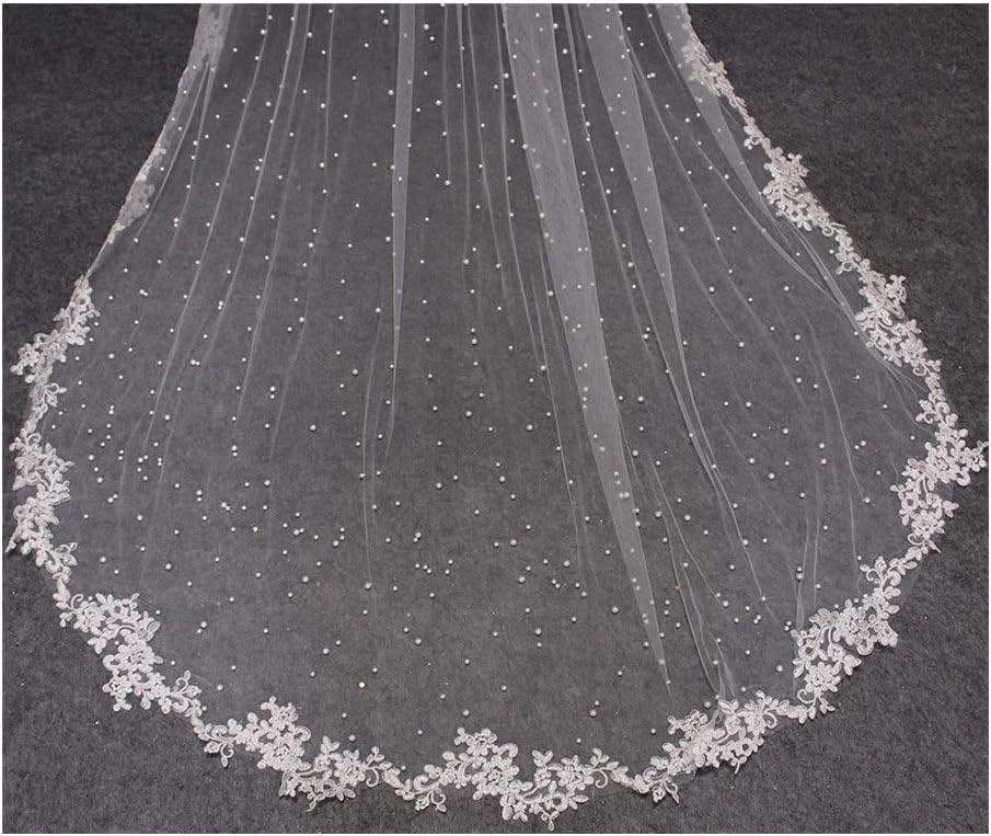 Braut Schleier Perlen Braut Schleier Mit Spitze Applikationen Rand 2,5 Meter Langer Braut Schleier Mit Kamm Schleier Für Braut Wunderschöner Braut Tüll, Ivory, 300cm