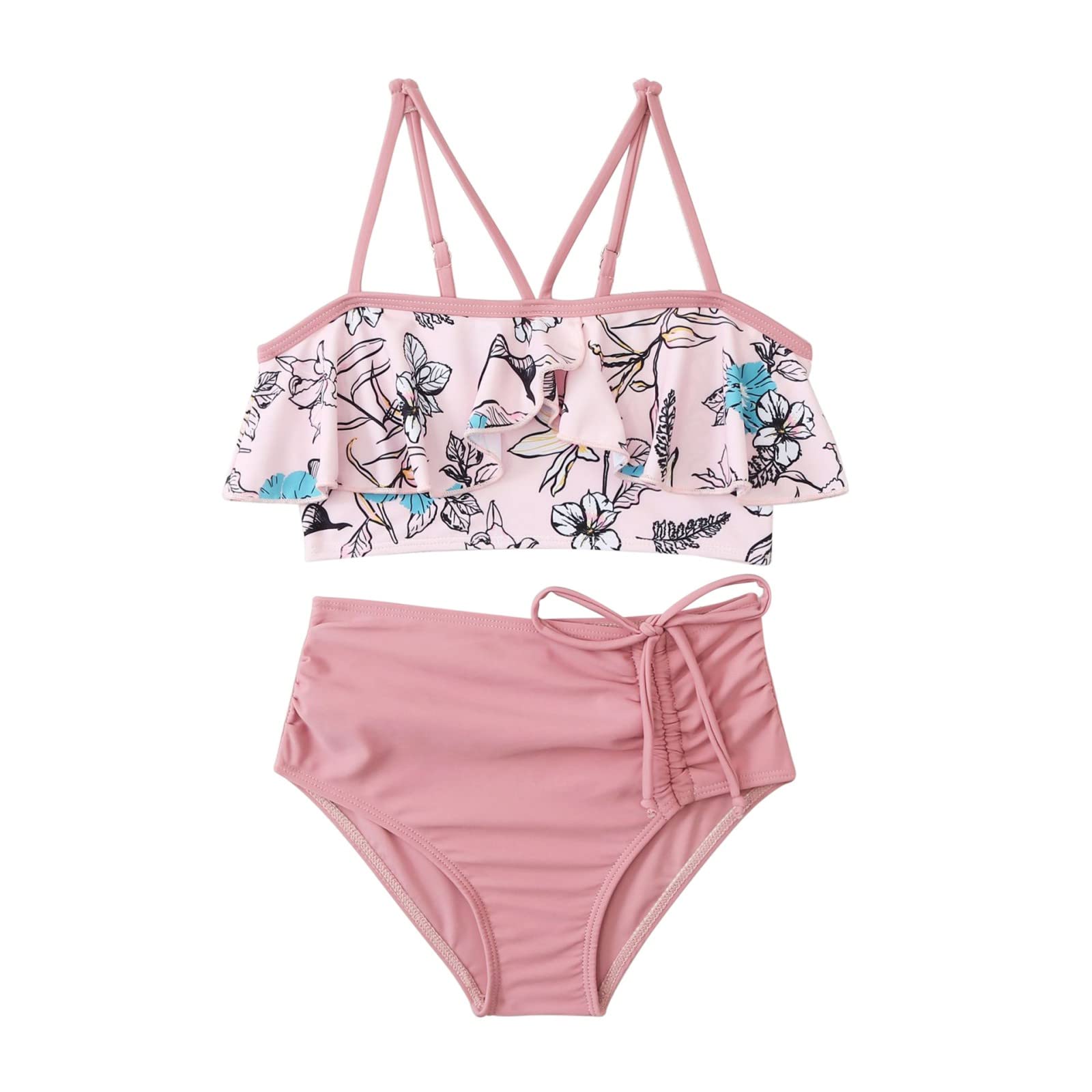 ESHOO Girls Summer Swimsuit 2-Pieces Bikini Set, 4-14 Years Kids Ruffle High Waist Swimwear Bathing Suits Beach Suit