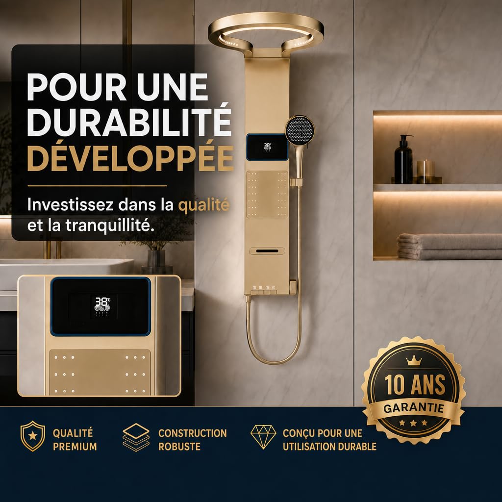INEX EUROPA Colonne de douche thermostatique de luxe, couleur or - Hydromassage - Garantie 10 ans - 4 modes de fonctionnement - Hauteur : 105 cm - Collection Daytona