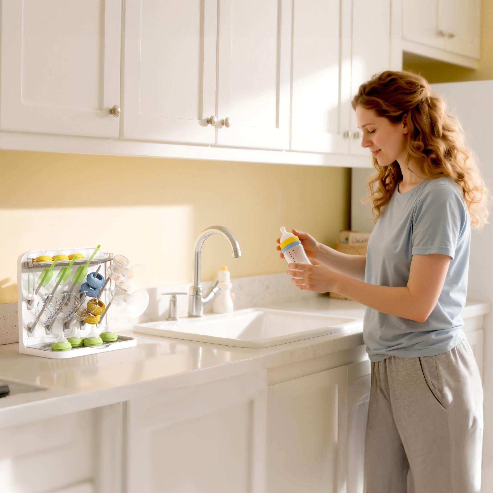 Lifewit Grande Scolabiberon, Scolabiberon Verticale con 10 Ganci e Contenitore per Tettarelle Rimovibile, Adatto a Cannucce a Pressione e Accessori per Tiralatte