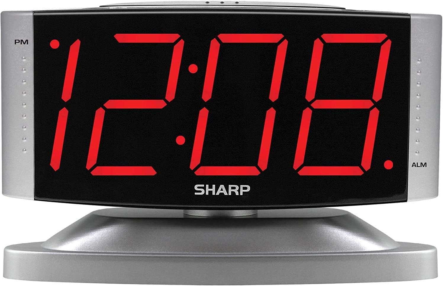 Sharp Home LED Digital Alarm Clock – Swivel Base - Outlet Powered, Simple Operation, Alarm, Snooze, Brightness Dimmer, Big Red Digit Display, Silver Case