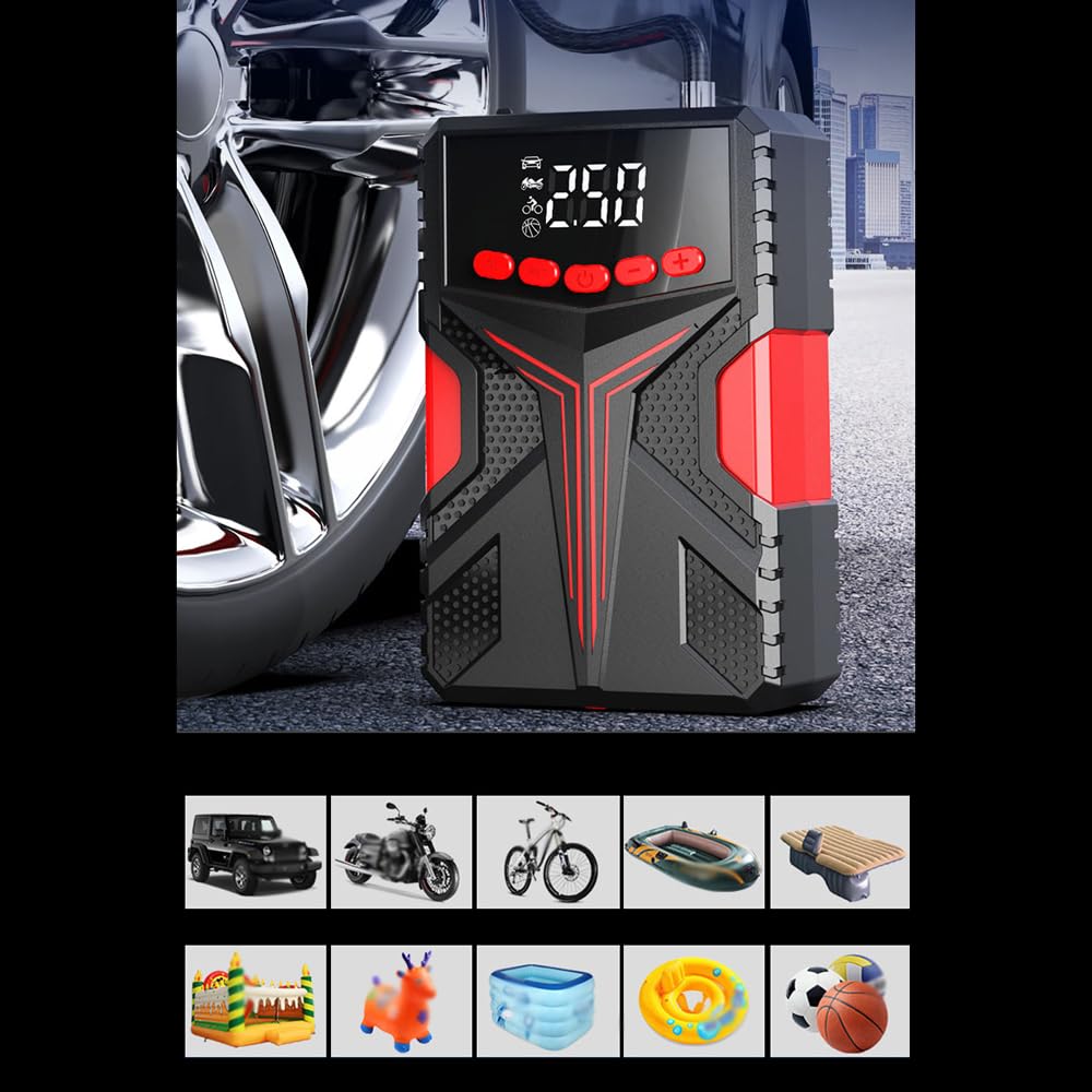 Shkalacar Wielofunkcyjny akumulator rozruchowy ze sprężarką powietrza Power Bank, 1500 A/2000A szczyt akumulator wzmacniający (silniki benzynowe do 6,5 l lub 4,0 l diesla)