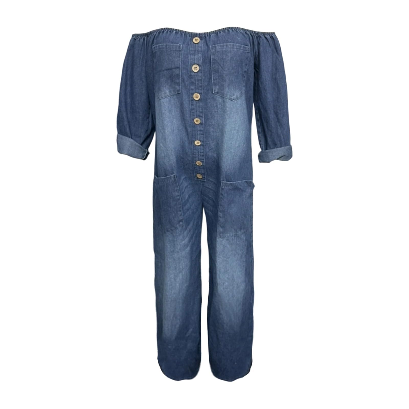 Generisch Baggy Jumpsuits Damen Jeans Vintage Jeansoverall Off-Shoulder Overall Stretch Langarm Knopfleiste Jeanshose Elegant Locker Sommer Arbeitslatzhose Overalls Latzhose Einteiler