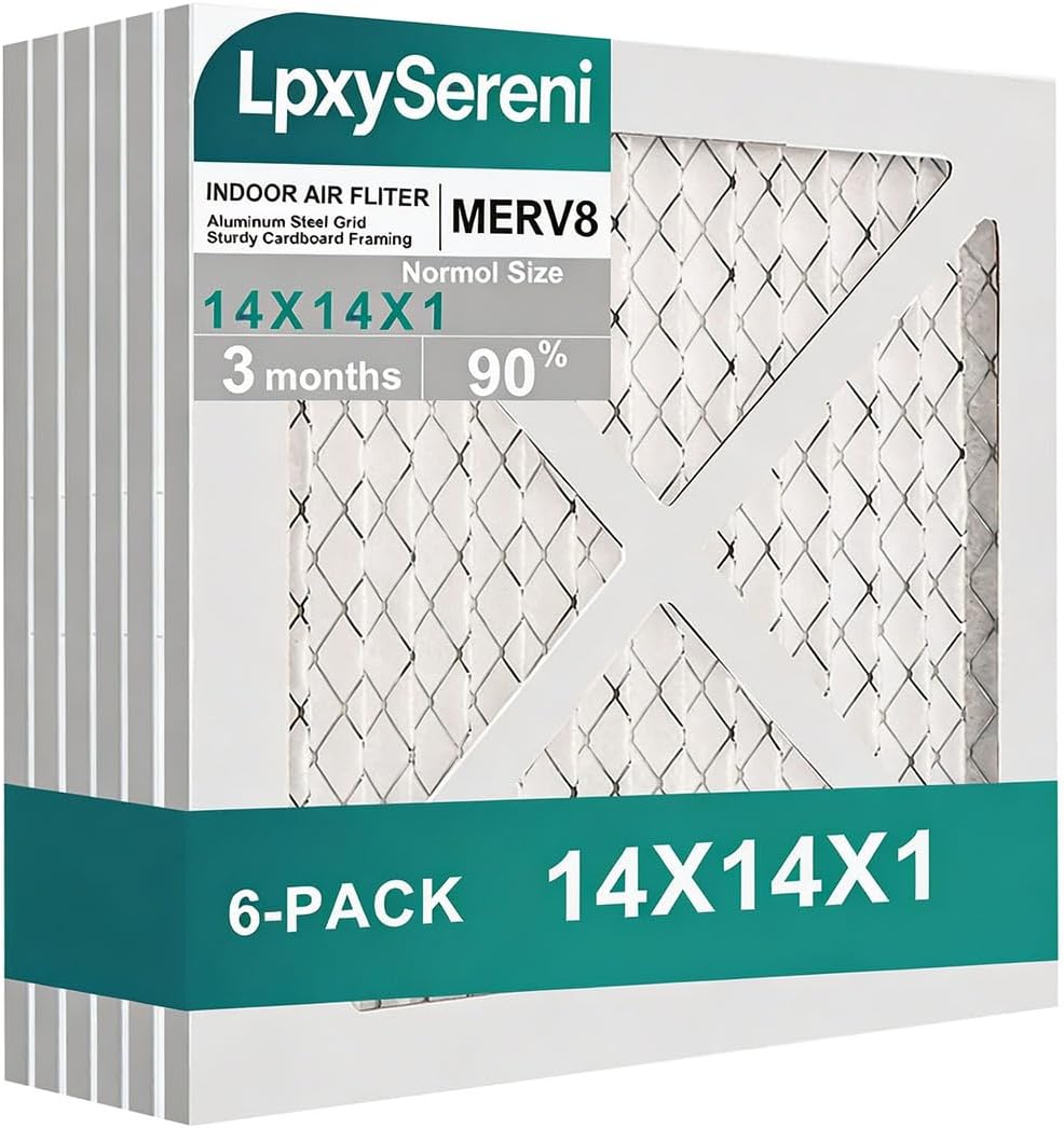 (6-pack) 14x14x1 air filter, MERV 8 Pleated Furnace Air Filter with MPR 600 and FPR 5 for Home HVAC and AC Systems, Perfect Fit for 14x14x1 Furnace Equipment