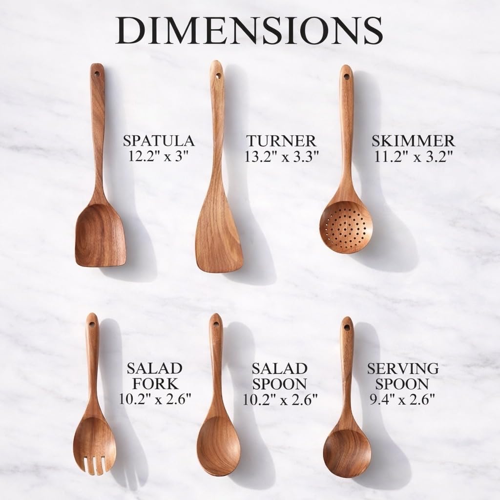 Juego de utensilios de madera de 6 piezas – Cucharas y espátulas de madera de teca premium, antiadherentes, resistentes al calor, duraderas y ecológicas para cocinar y servir