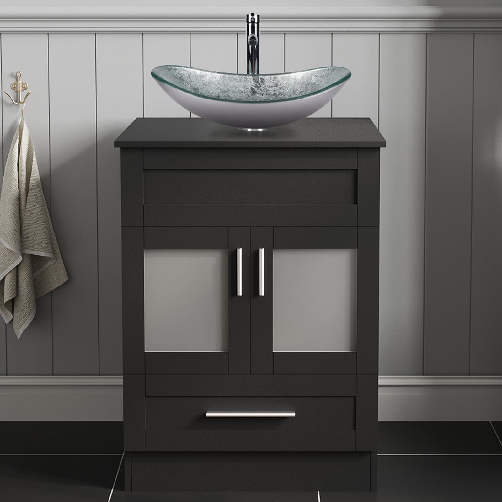 ARTETHYS Bathroom Vanity Unit with Basin, 60cm Bathroom Sink Cabinet with 2 Doors and a Drawer, Black Cloakroom Cabinet Free Standing with Silver Countertop Basin