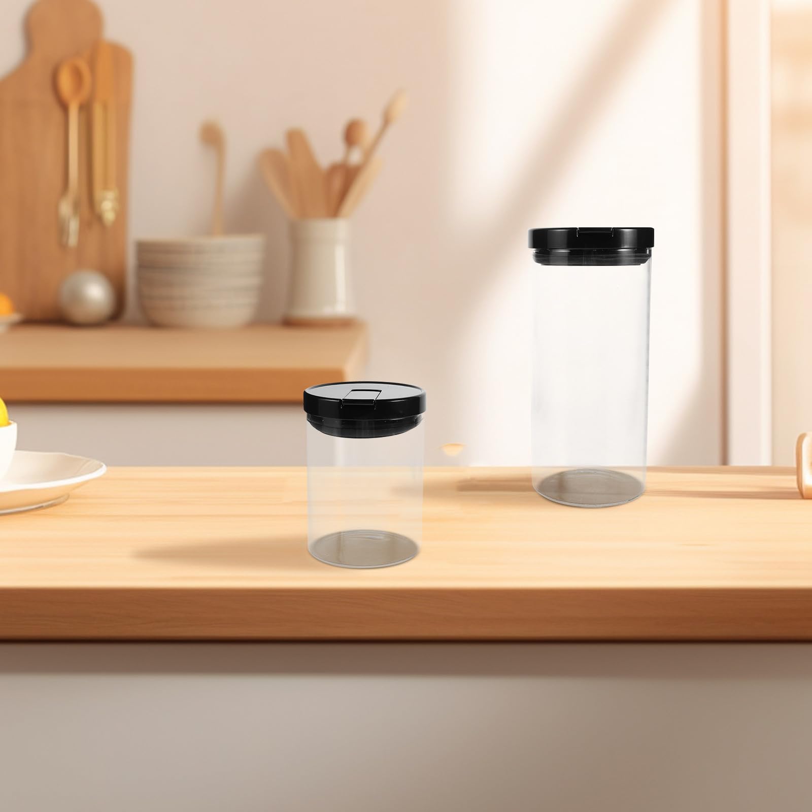 Tarros de Vidrio Herméticos 2 Piezas 700ml y 1200 Ml | Tapa de Plástico Negra, Acabado Transparente Minimalista, Uso en Despensa y Encimera, para Arroz y Granos