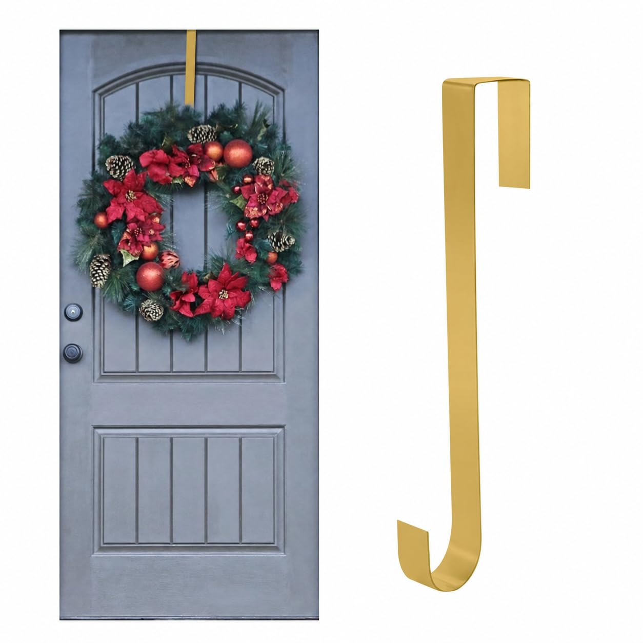 Jsdoin Christmas Wreath Door Hanger, 12.5 Inches Metal Front Door Wreath Hook for Christmas Home Office Wall Wedding Wreaths or Decorations (Golden, 1 Pack)