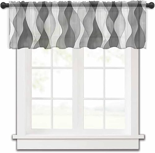 Cenefas de cortina transparentes con ondas grises y blancas para ventanas de cocina, arte abstracto retro degradado, tratamientos de ventana de Gris