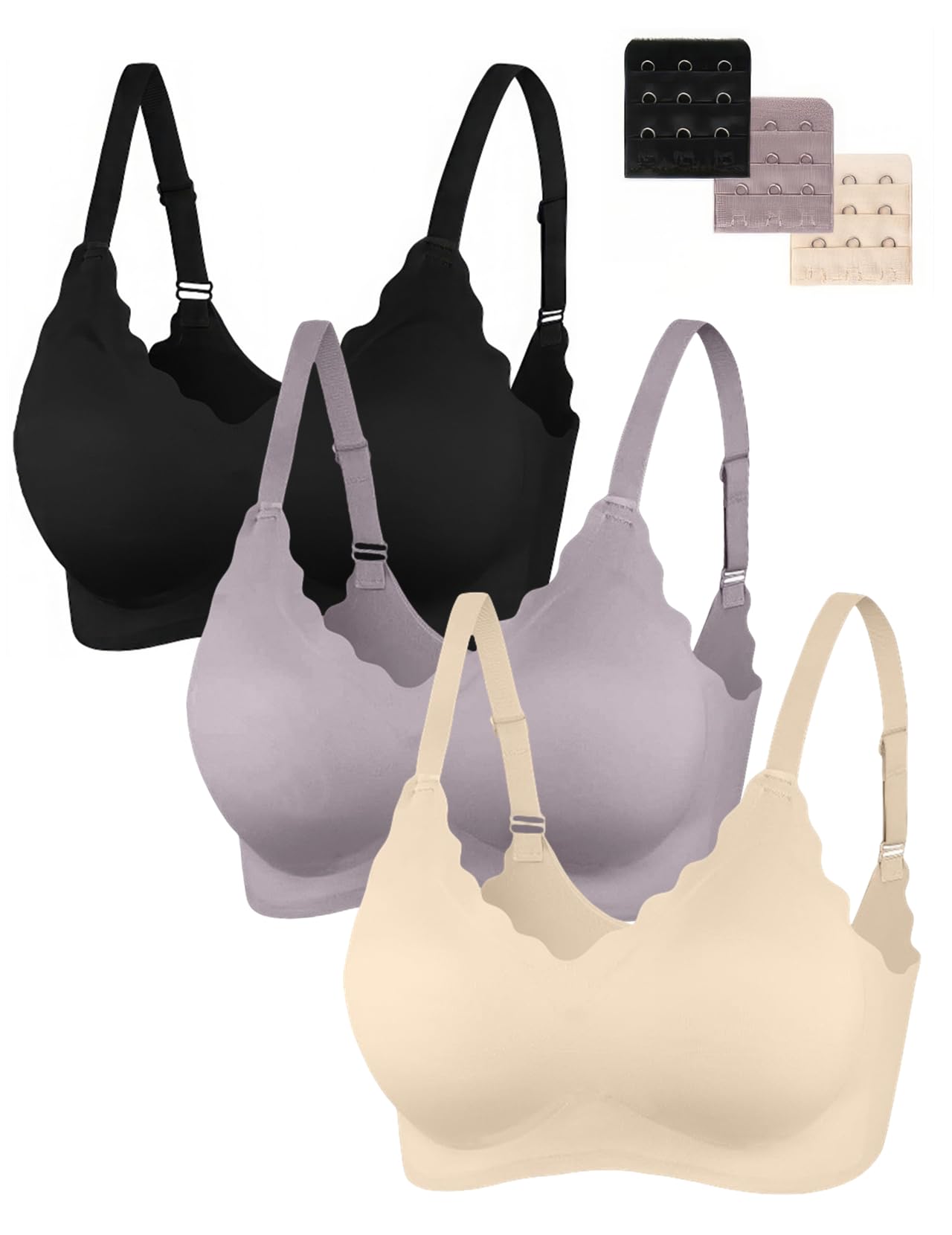 Push Up Bras for Women No Underwire Full Coverage Brassiere Smooth Wireless T-Shirt Basic Everyday Bra 3 Pack