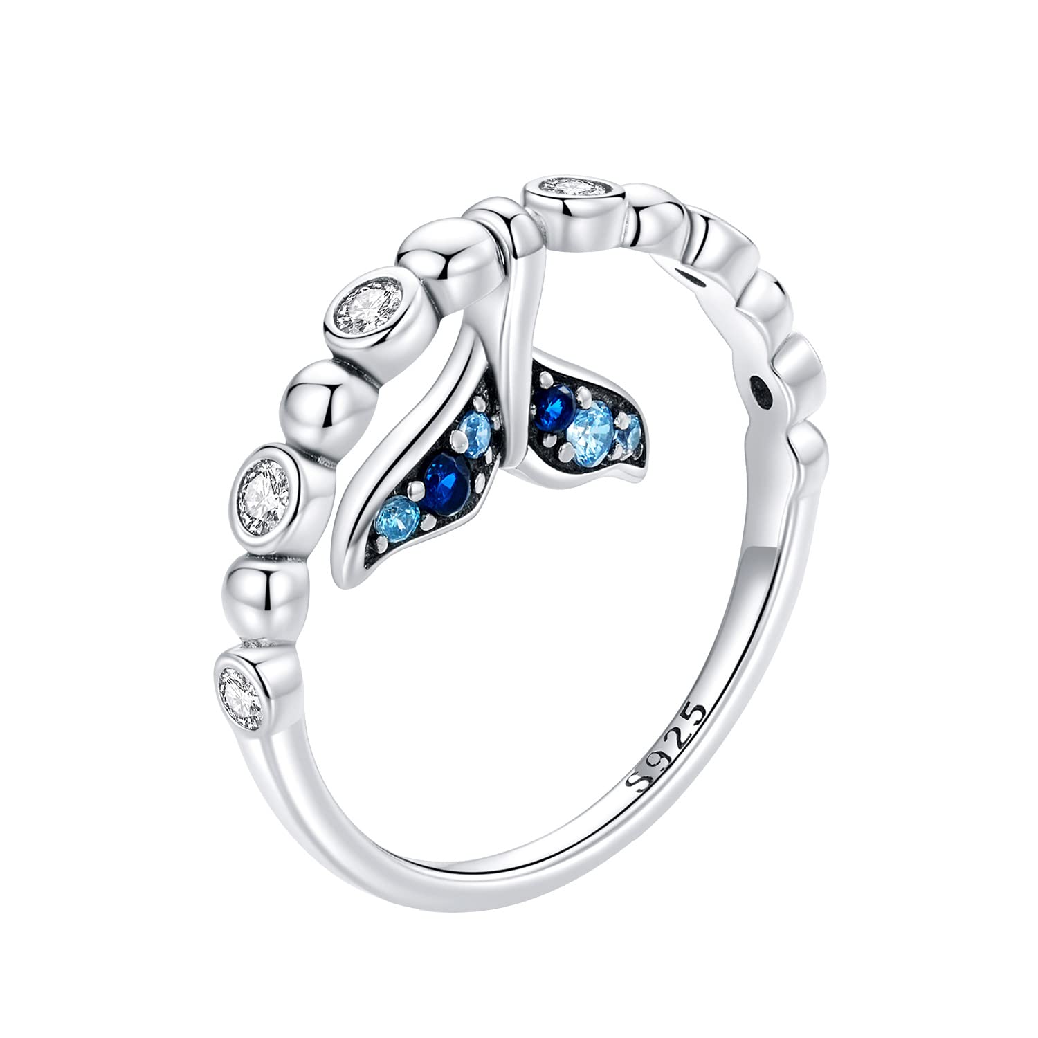 ShysnowStackable Band Ring with Dangle Mermaid Tail 925 Sterling Silver Shysnow Promise Eternity Ring with Fish Tail Pendant with Blue Diamond CZ for Women Thumb Finger Jewelry Multi Size 68, 925