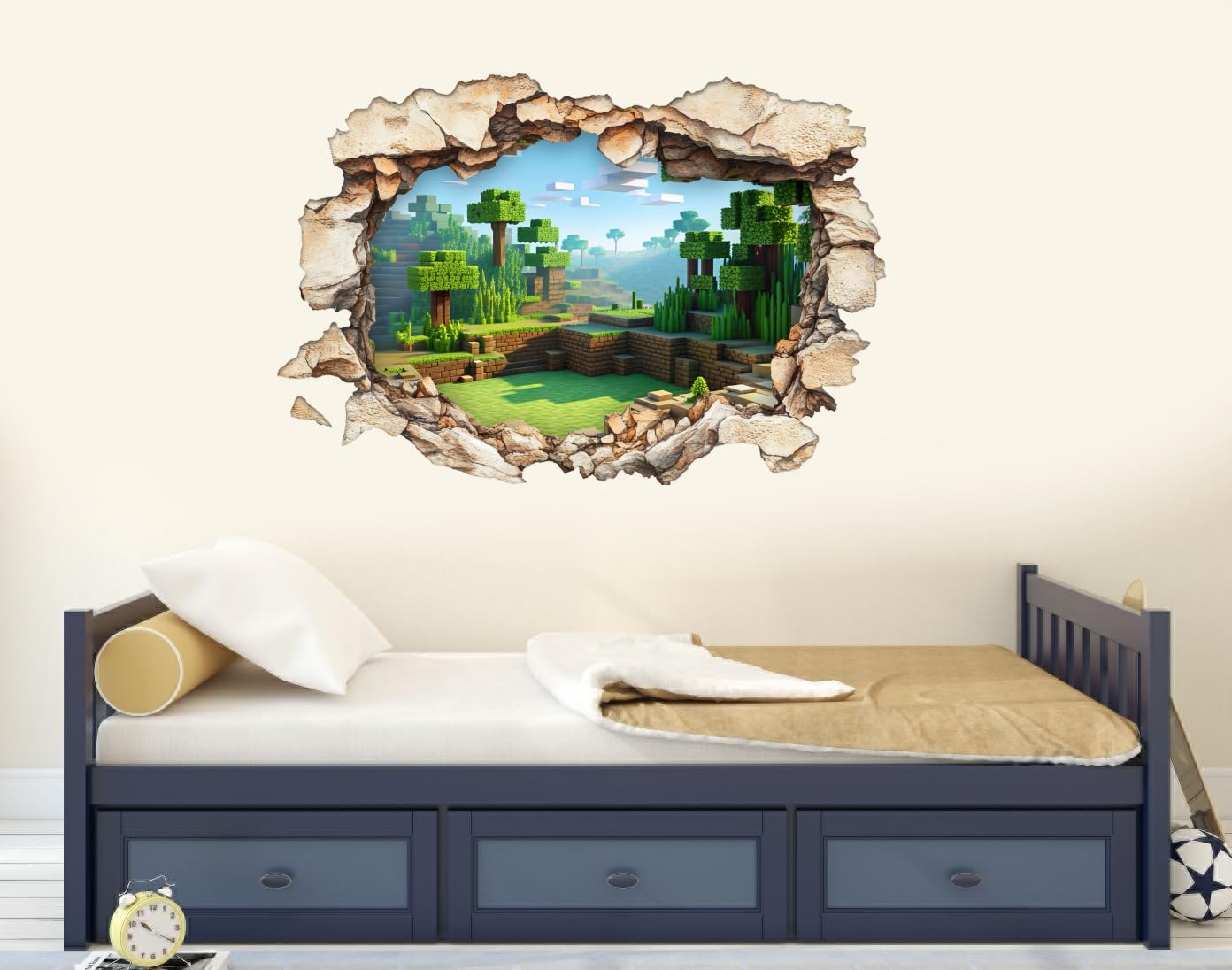 3D Pixel Block Wall Decal - Cube World Forest Mural with Smashed Hole Effect, Gamer Room Decor for Kids Peel & Stick Vinyl (40×60 cm) - Image 2
