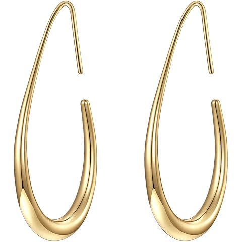 Lightweight Teardrop Hoop Earrings for Women - 14k Gold/White Gold Plated Large Oval Pull Through Hoop Earrings High Polished Statement Jewelry Gift for Women