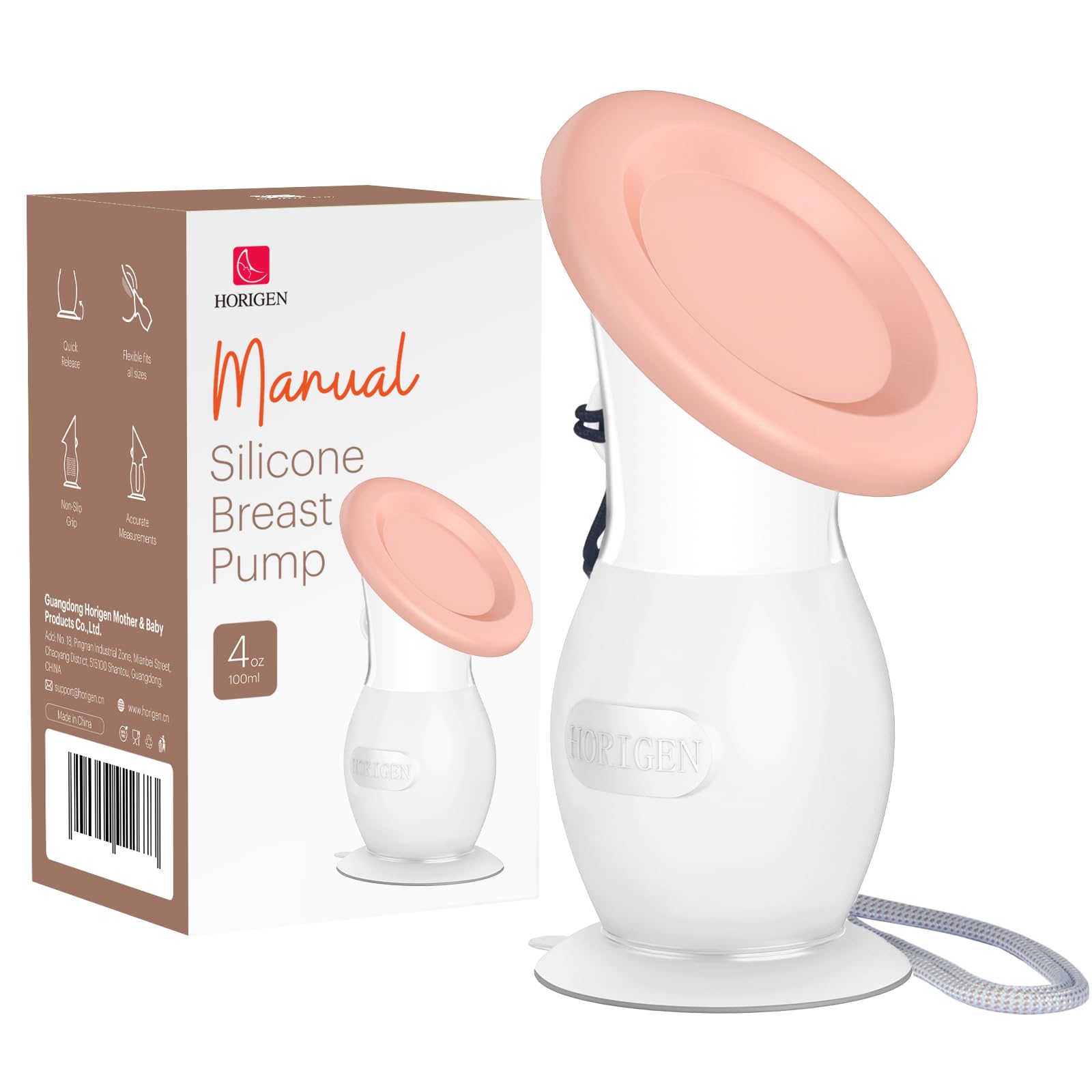 HORIGEN Manuelle Milchpumpe für Muttermilch, 118 ml, BPA-frei und lebensmittelecht, tragbarer, auslaufsicherer Deckel und Saugfuß, tragbare Handpumpensammler aus Silikon, zum Abpumpen von Milch