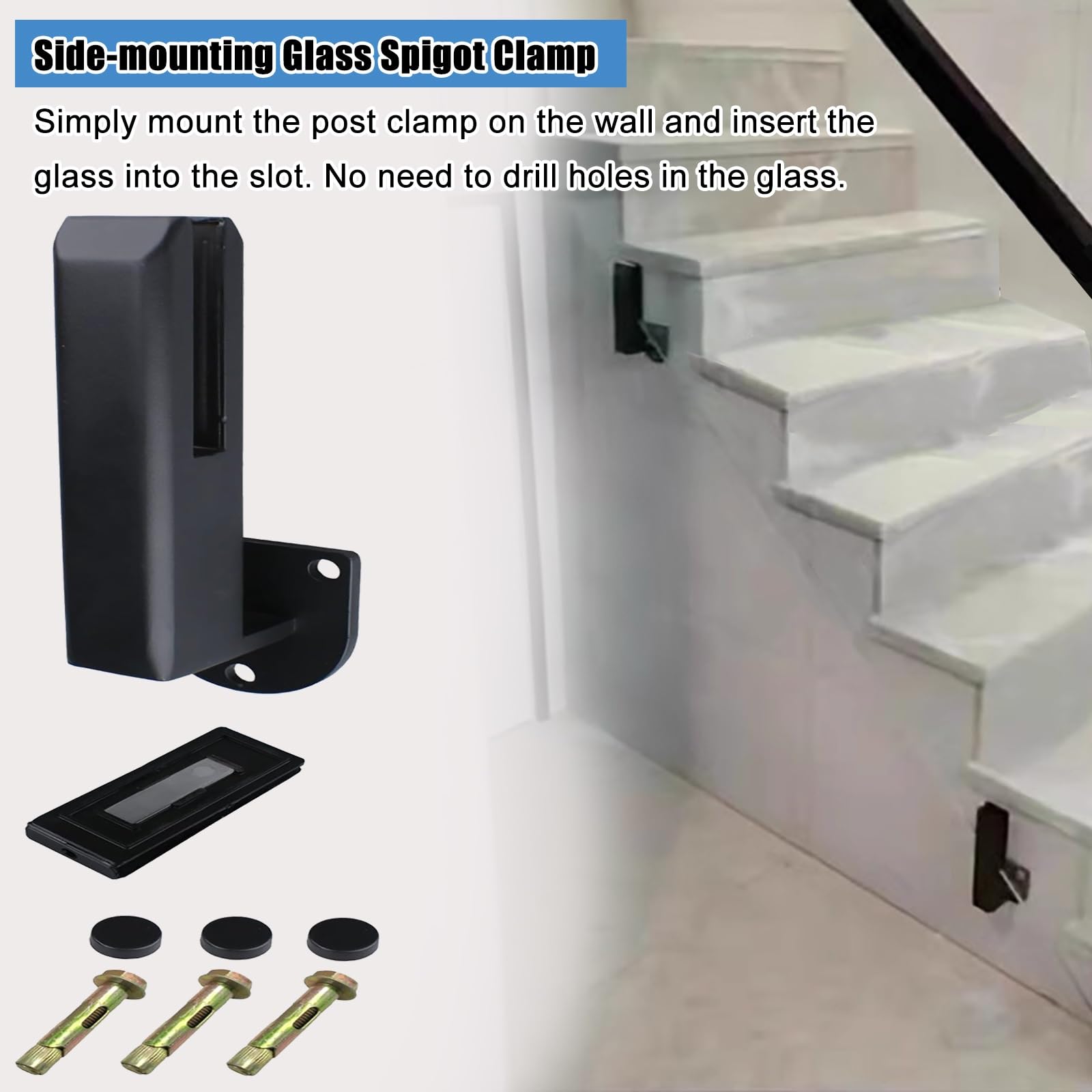 Juego de 7 Abrazaderas para barandilla de Vidrio Negro para escaleras, terrazas, Balcones, Soportes de Cerca de 20 cm de Alto, hoteles y terrazas