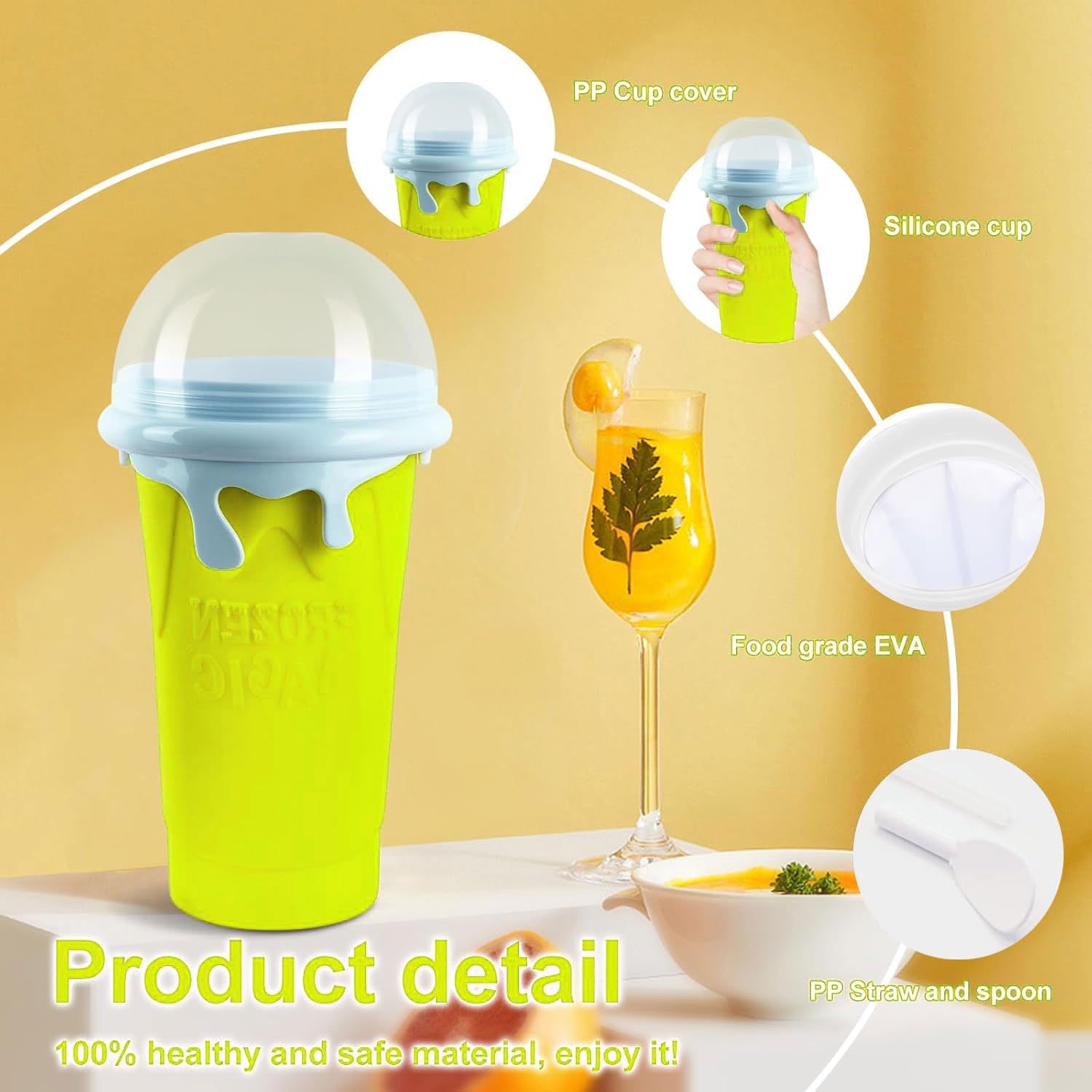 500ml Slush Cup Maker aus Silikon - DIY Smoothie Becher mit Strohhalmlöffel - Squeeze Gefrorene Maker