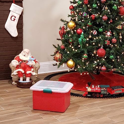 Image of HOMZ Holiday Light Organizer | Plastic Storage Container with Green Cord Wraps | Red Container with Clear Hinged Lid | Snap Lock Closure | Set of 2 with 8 Cord Wraps