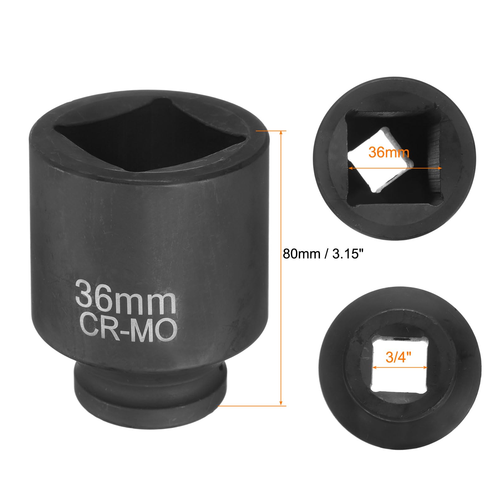 sourcing map 3 llaves de vaso cuadradas de 4 puntos de 3/4 pulgadas de 36 mm métricas cuadradas de impacto CR-MO ennegrecimiento estándar de manga neumática para reparación de automóviles