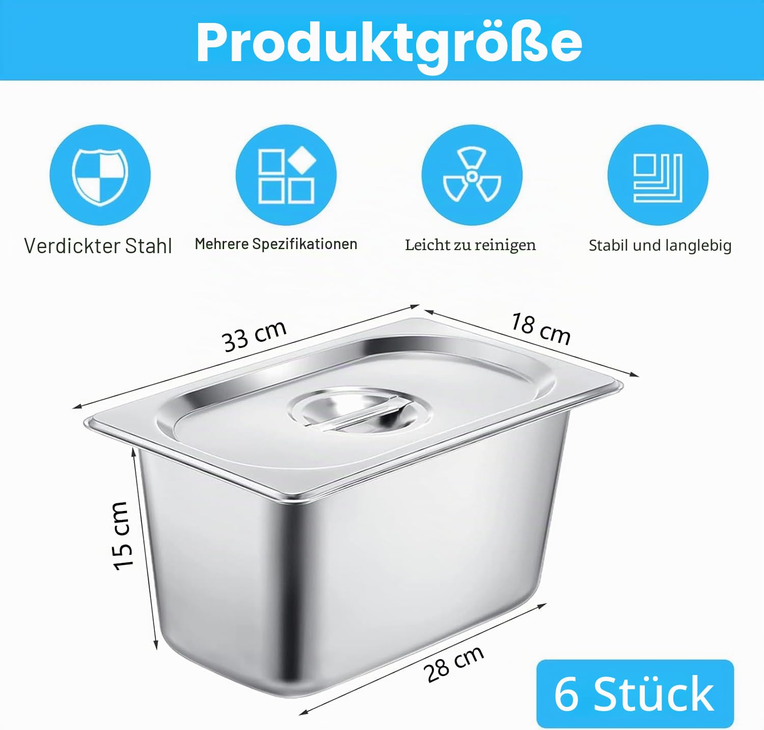 6 Stück GN 1/3 Behälter, 33 x 18 x 15 cm Edelstahl Behälter mit Deckel, Gastro Behälter für Speisen, Torten, Hotelpfanne Tisch Food Pan
