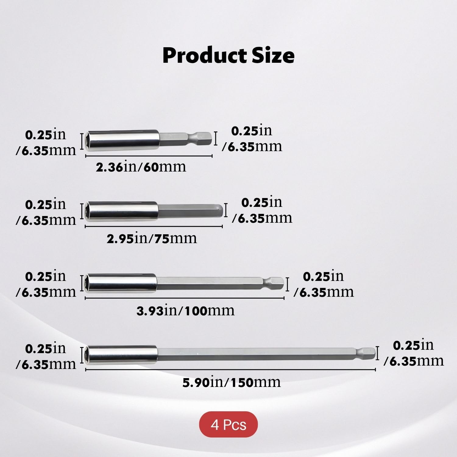 4 Prolunghe per Punte (60/75/100/150mm) - Portapunte Lungo Esagono 1/4" Antiscivolo per Cacciavite/Avvitatore/Trapano