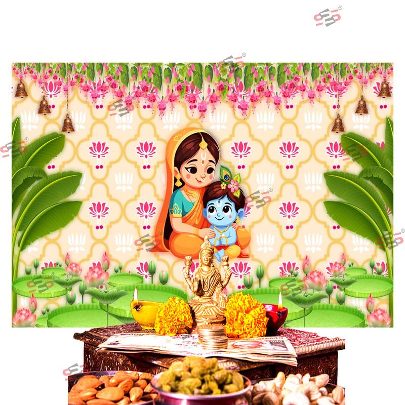 Image of S2S Krishna Backdrop Cloth for Pooja Decoration Traditional, Background Decoration Cloth | Curtain Cloth for All Festival, Functions & Ceremonies - (5 x 8 Feet) (Krishna)